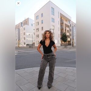 Fashion Nova Straight Leg Jeans w/ Removable Panel – Size 9, Black Wash